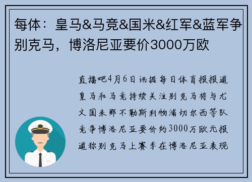 每体：皇马&马竞&国米&红军&蓝军争别克马，博洛尼亚要价3000万欧