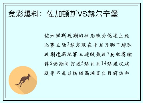 竞彩爆料：佐加顿斯VS赫尔辛堡