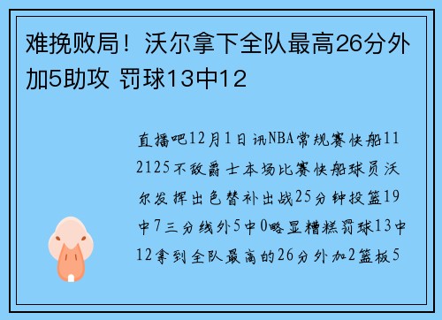 难挽败局！沃尔拿下全队最高26分外加5助攻 罚球13中12